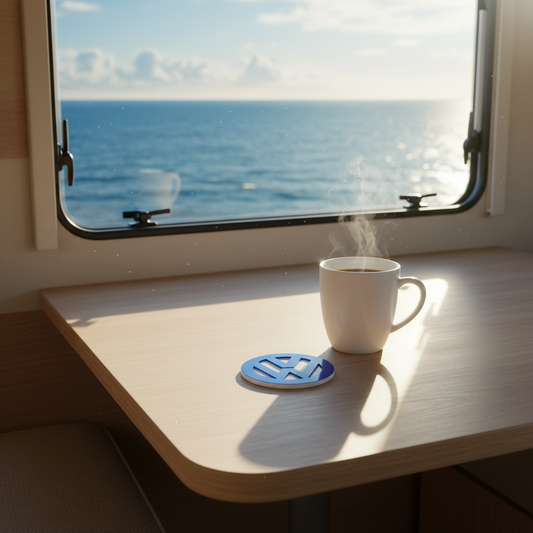 A blue acrylic coaster with the Volkswagen logo laser-cut design.