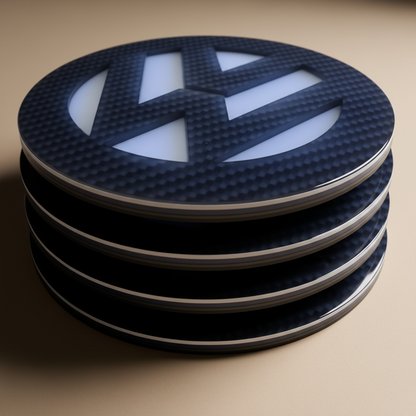 A round acrylic coaster with a carbon fiber pattern and the Volkswagen logo in the center.