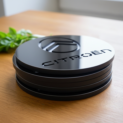 A black acrylic coaster with the Citroen car brand logo in white.