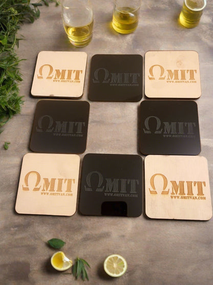 Omit Custom Coaster Set | Laser Engraved Wood or High-Gloss Acrylic (Pack of 4)
